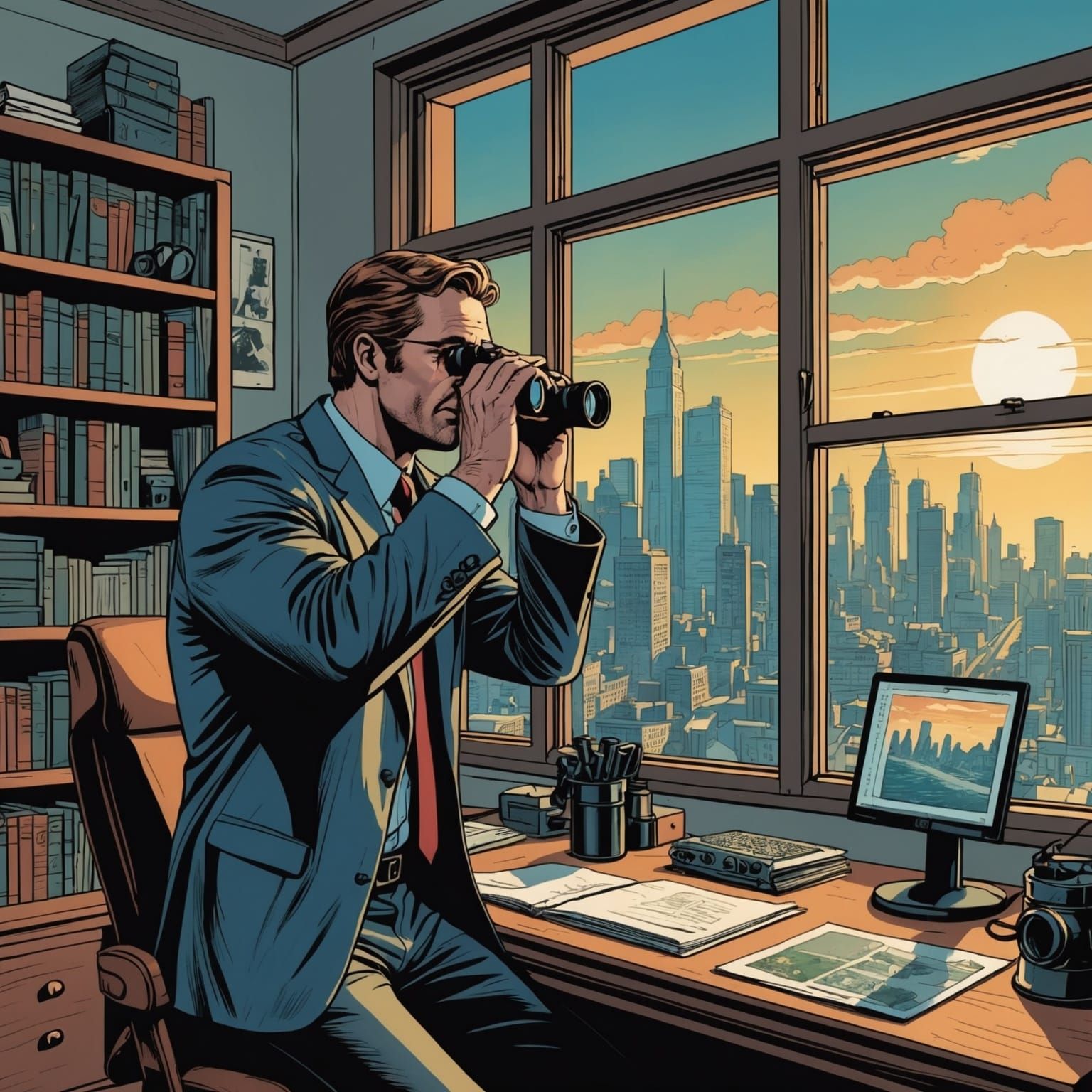 Man with Binoculars in Comic Book Art Style