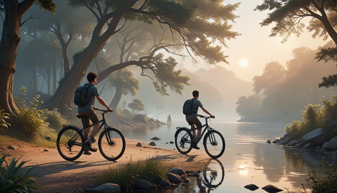 Anime-Style Boys Pedal Towards Serene Fishing Waters