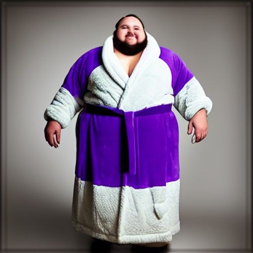 Overweight Man in Fluffy Purple Robe