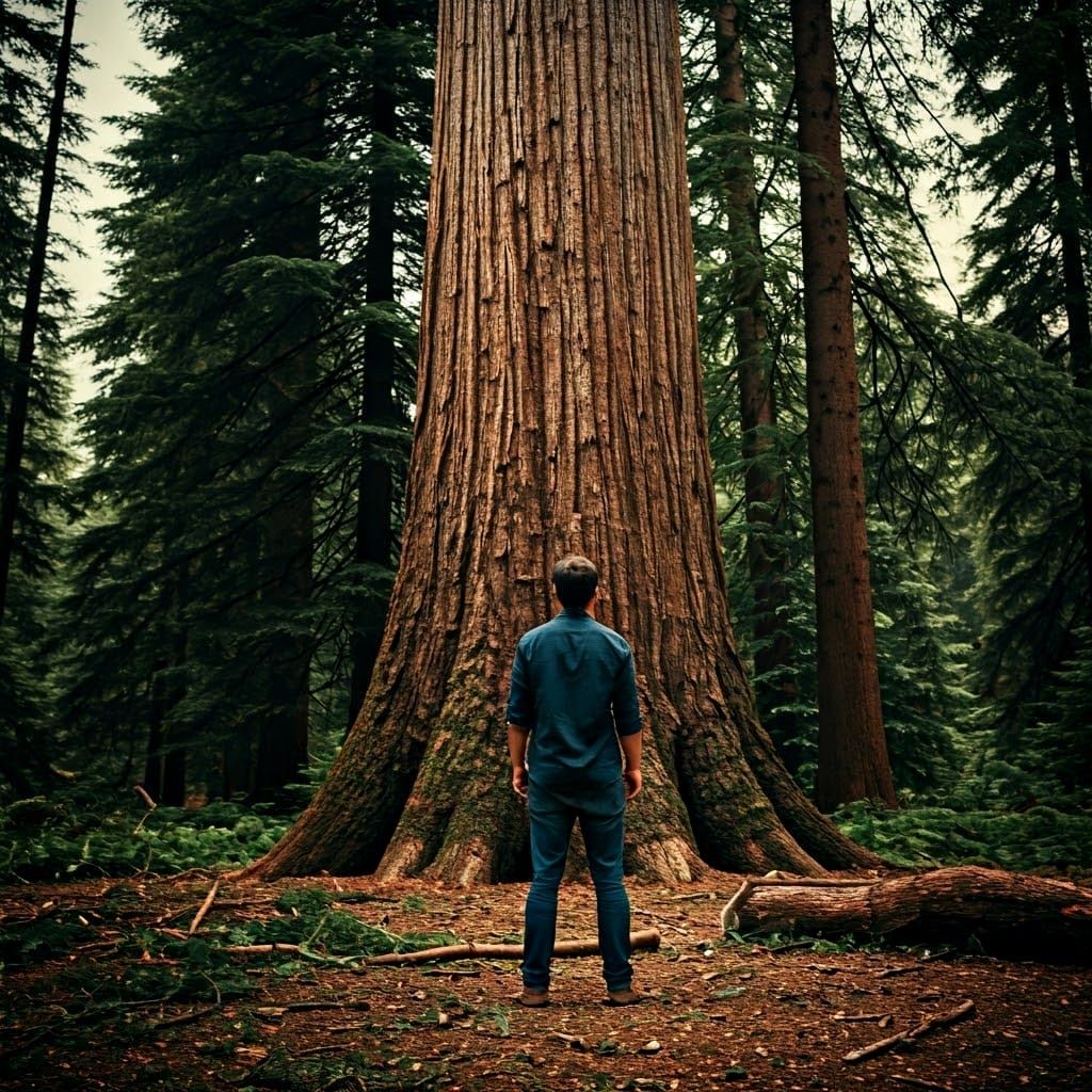 Man Gazing at Tall Tree in Cinematic Style
