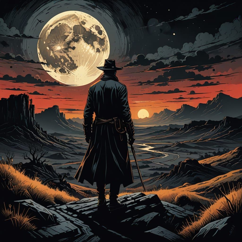 Mysterious Figure Under Gothic Moonlit Sky