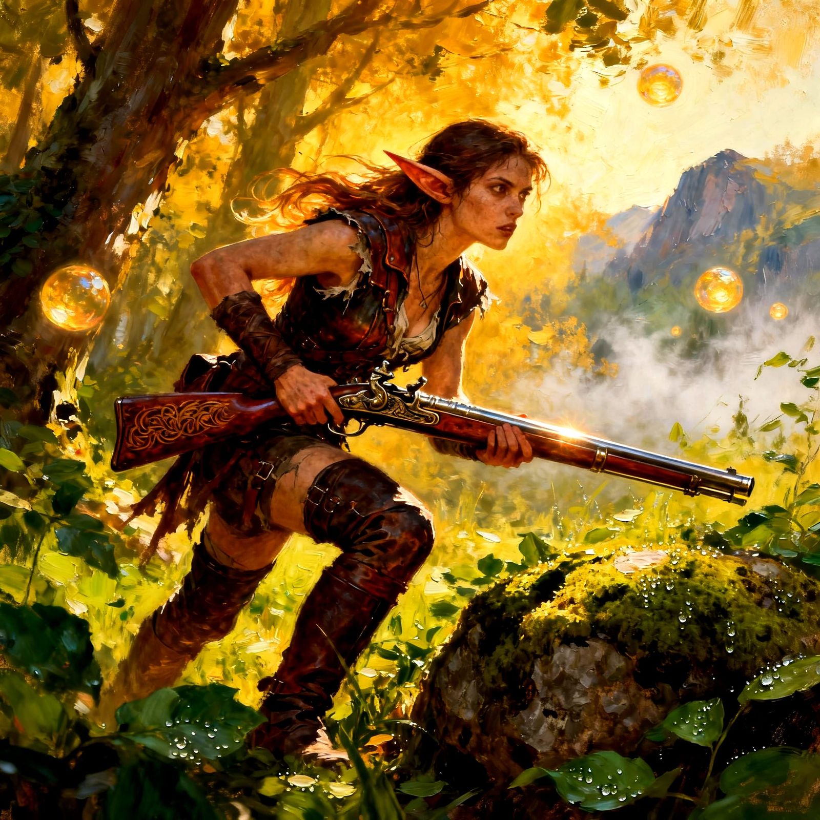 Elf Warrior with Musket in Sunlit Grove - Impressionist Pain...