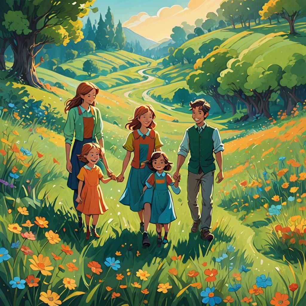 Colorful Child's Drawing of Family in Meadow