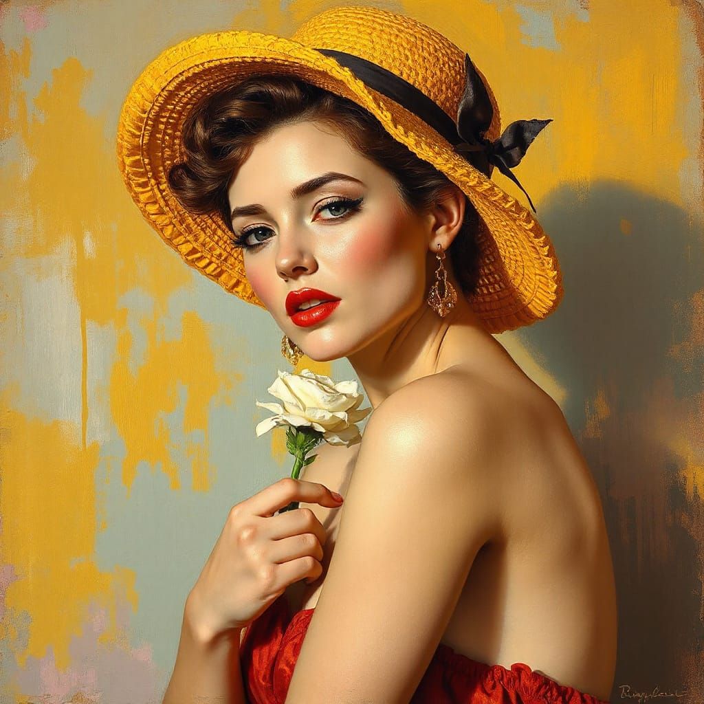 Glamorous Pin-Up with Impasto Brushstrokes and Hyperreal Col...