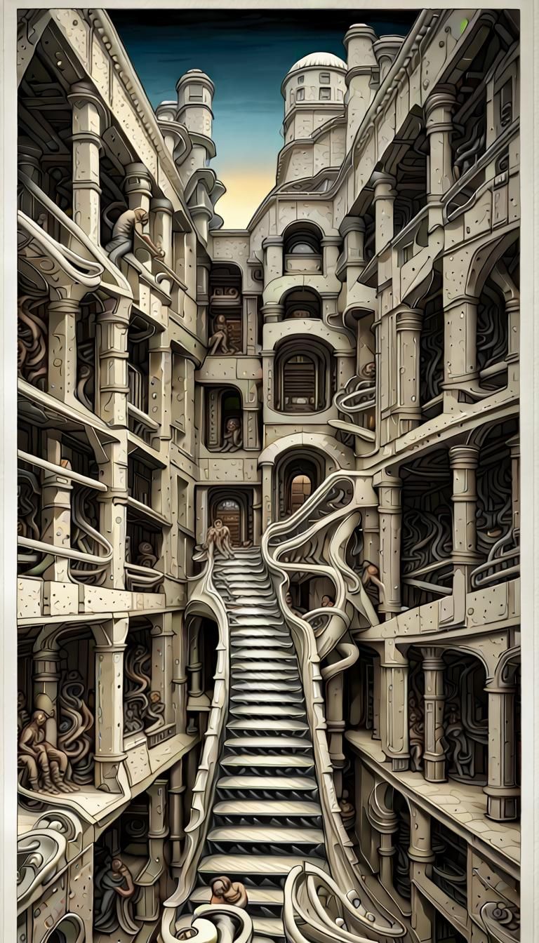 Escher and Giger: Ascending Lithograph in Bauhaus Pop Art St...