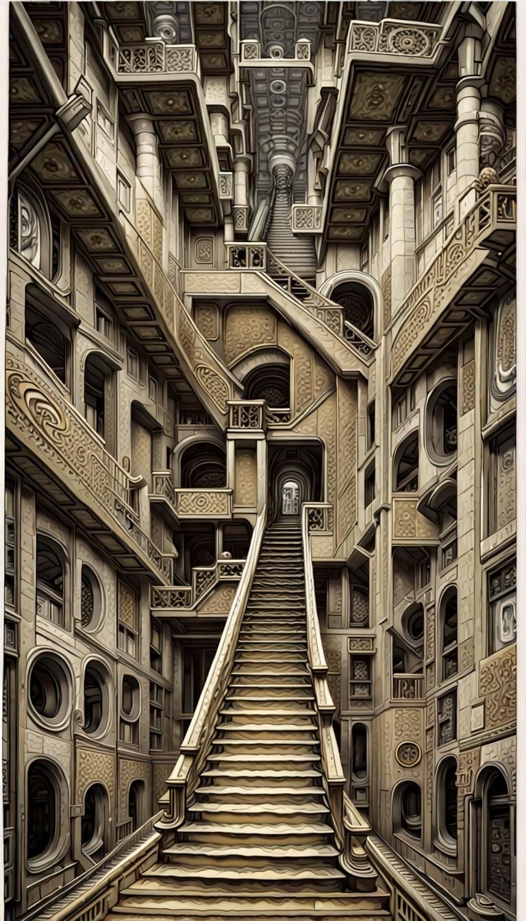 Surreal Giger-Escher Lithograph in Prismatic Bauhaus Style
