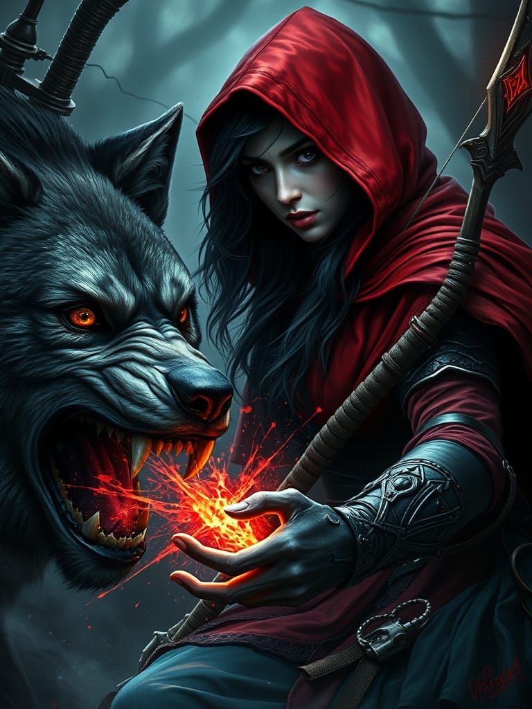 Gothic Fantasy Warrior Battles Ferocious Wolf in Dark, Mysti...