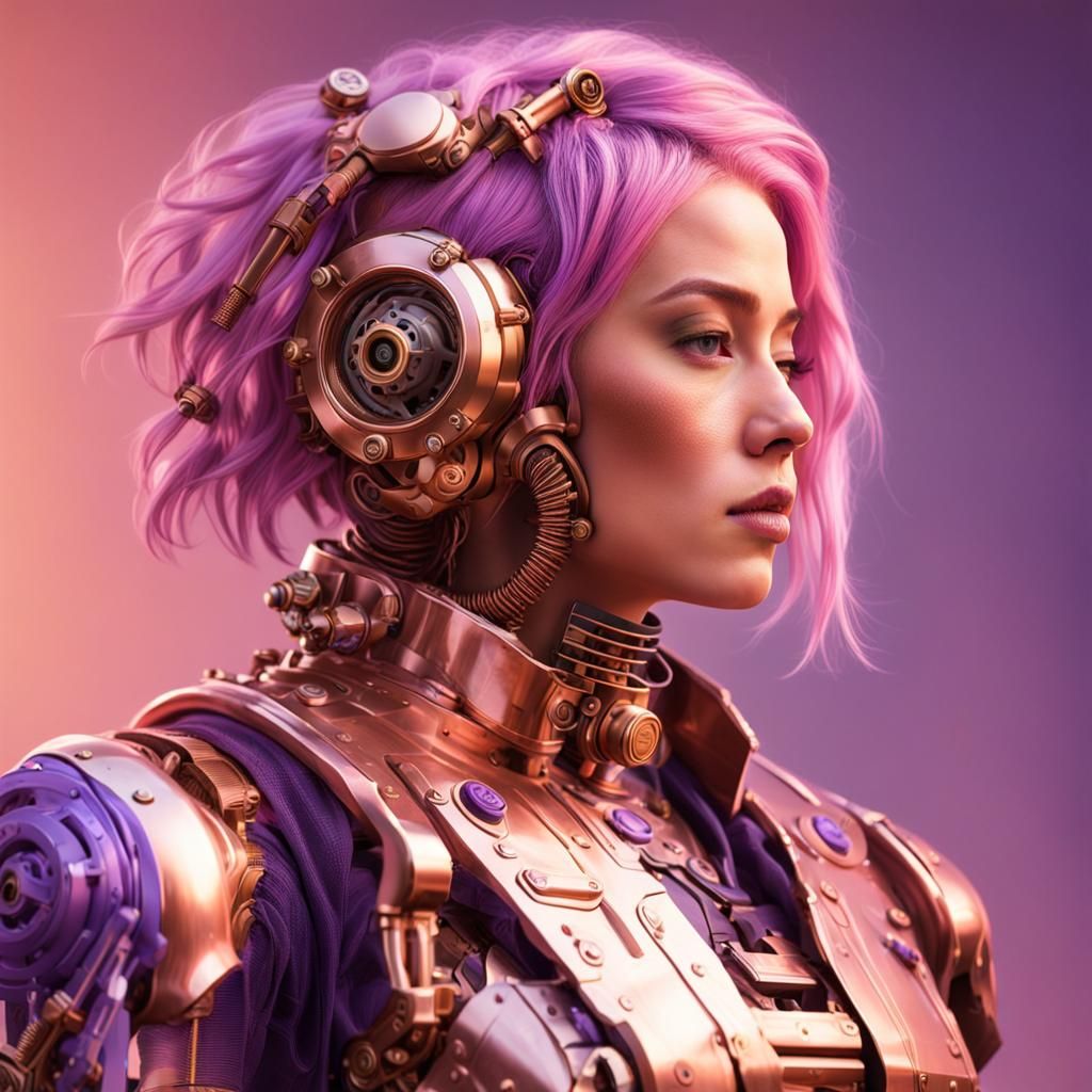Woman in Copper Mechanical Suit, Hyperrealistic Art