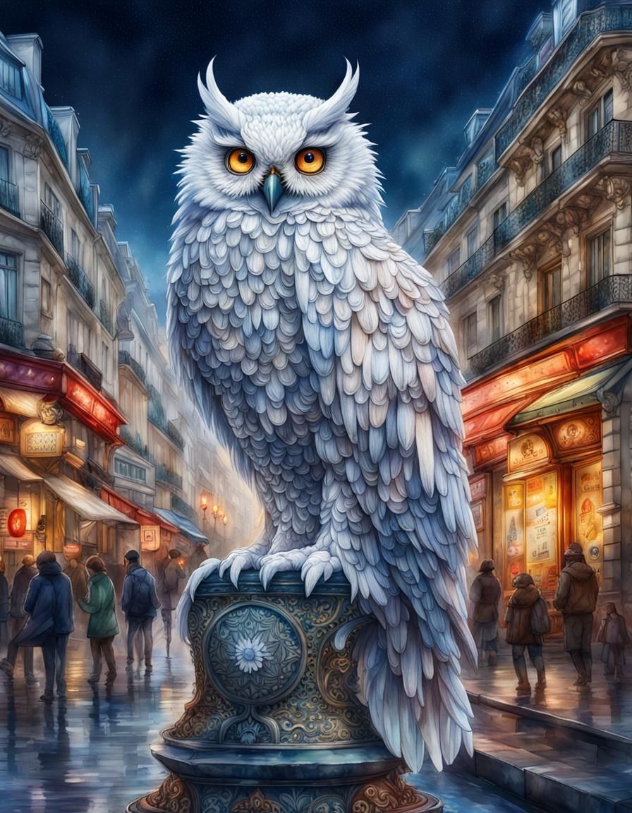 Luminous Owl Over Paris in Watercolor Style