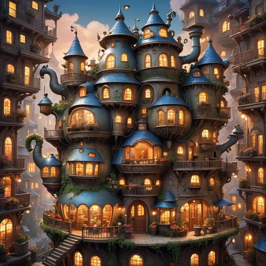 Fantasy Teapot House Under a Starlit Sky