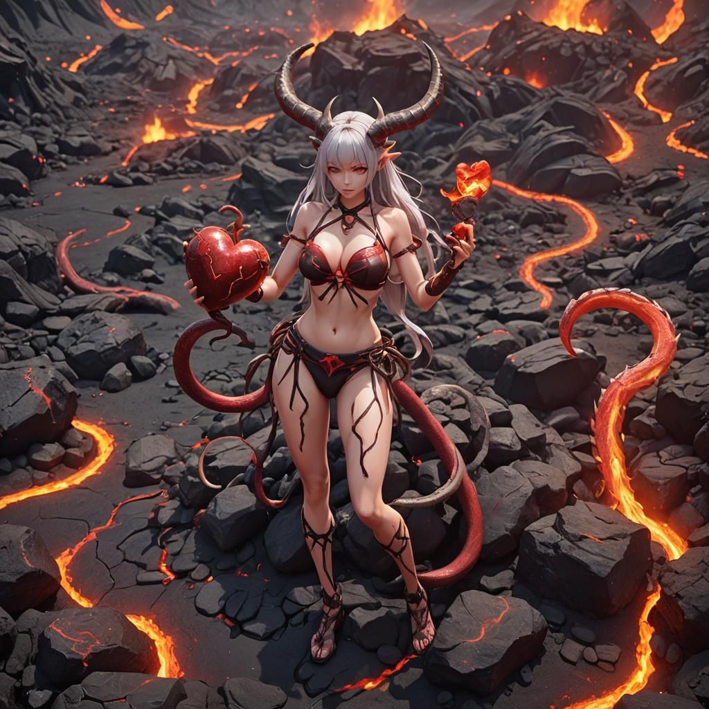 Anime Demon Girl with Heart in Lava Field