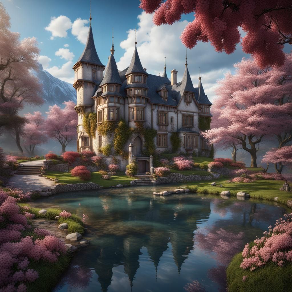 Cherry Blossom Manor: Detailed Matte Painting
