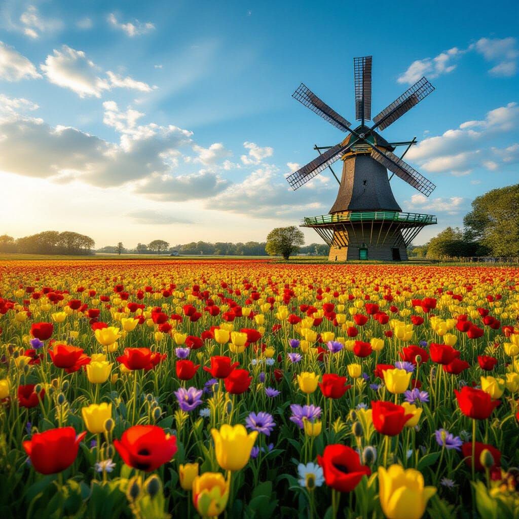 Picturesque Flower Field with Distant Windmill