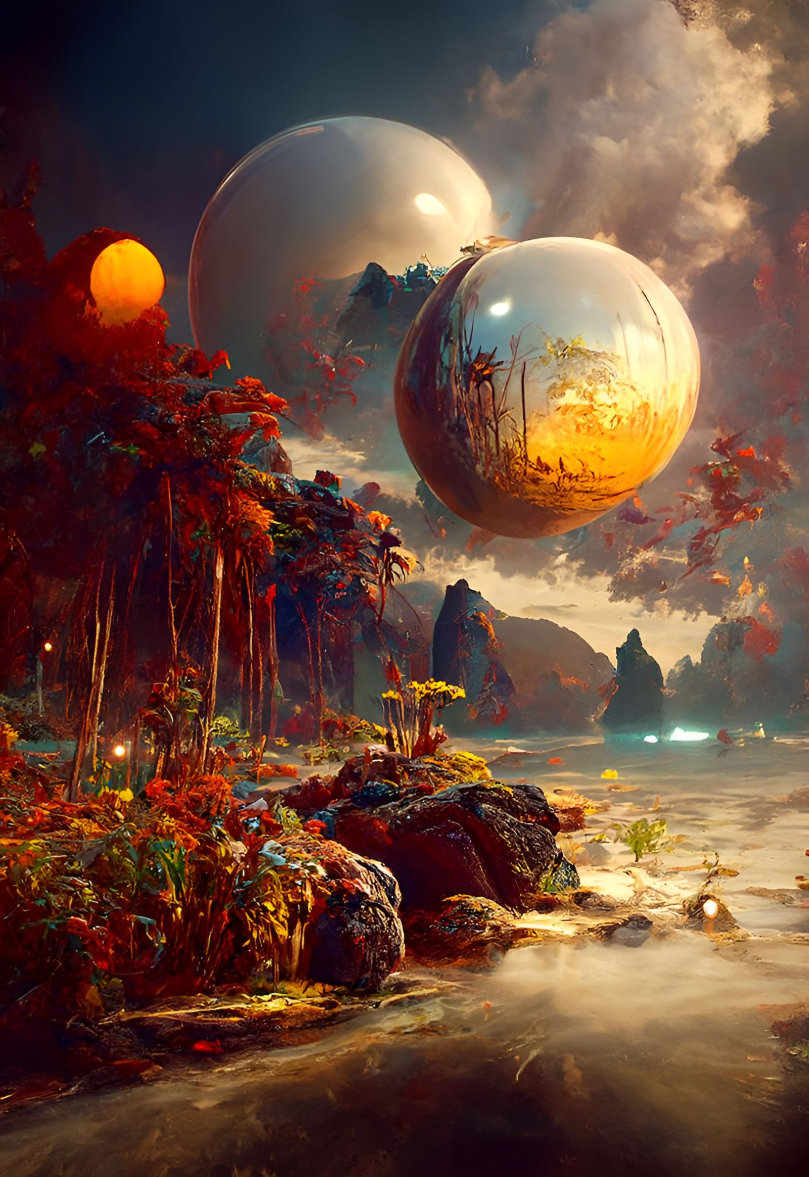 Alien Tropical Island Painting with Glowing Flora