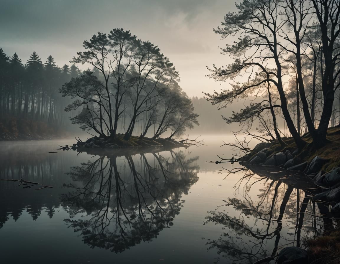 Misty Swedish Lakefront at Dusk: Digital Art