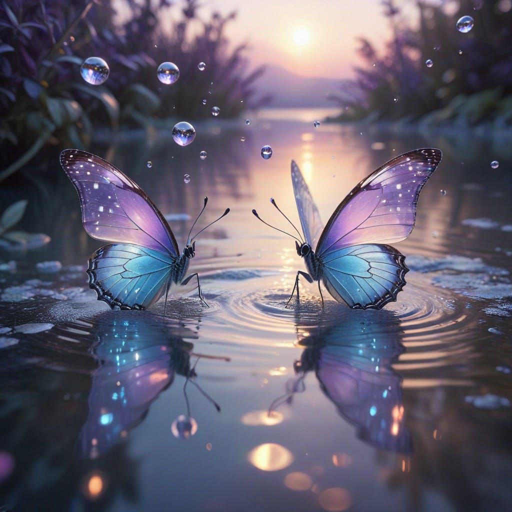 Surreal Fantasy Scene with Glowing Butterflies and Sparkling...