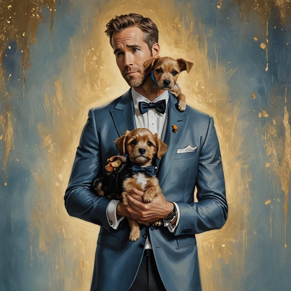 Ryan Reynolds Holds Puppy: Oil Painting Portrait