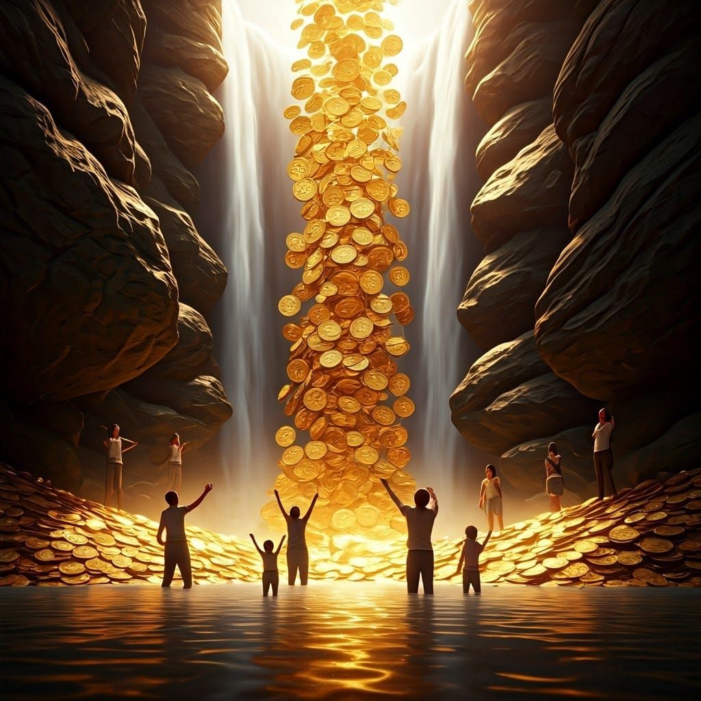 view of a waterfall pouring gold coins, people smiling and j...