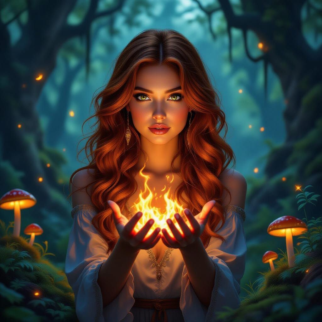 Woman Manipulating Fiery Magic in Mystical Forest