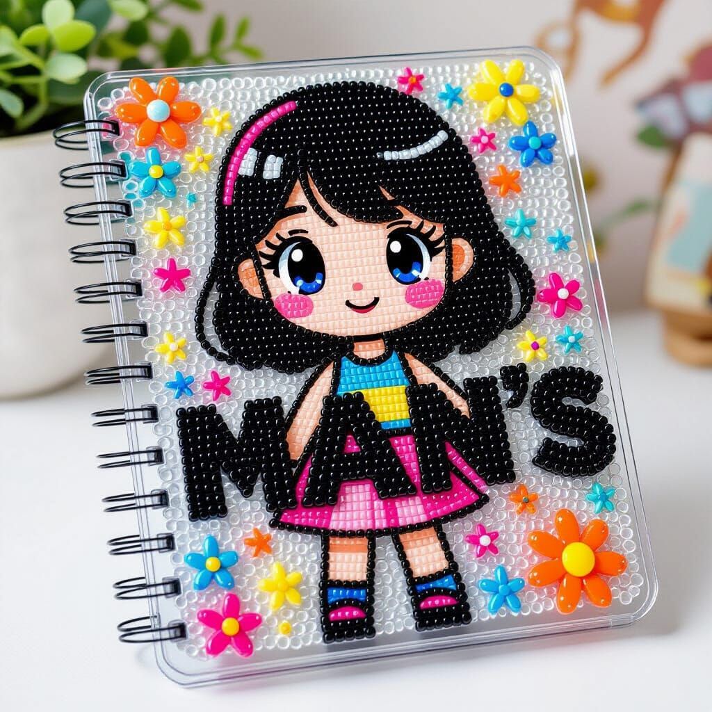 Beaded Name on Notebook Cover in Pop Art Style