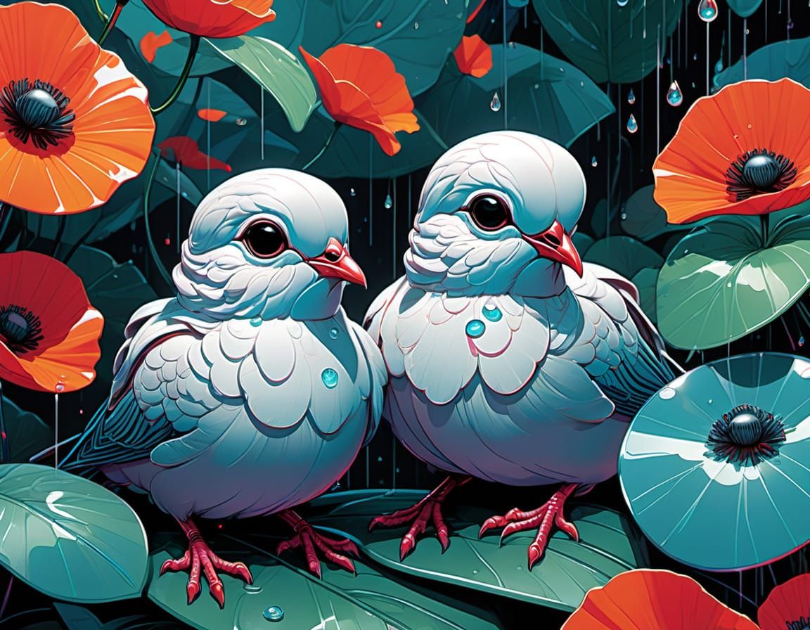 Adorable Baby Doves Perched on a Raindrop-Covered Leaf in Vi...