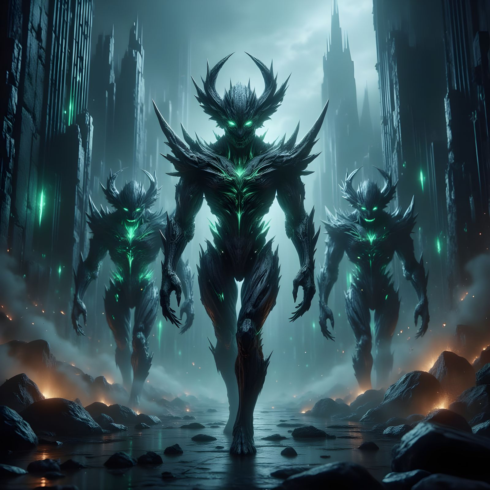 Necron Robotic Troops Pursue Humans in Neon-Lit Night