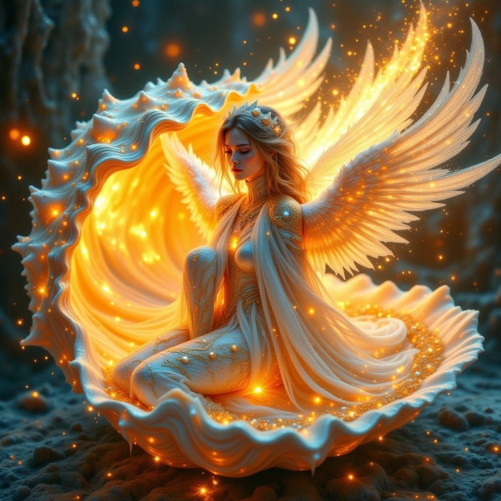 Flaming Angel Emerges from Seashell