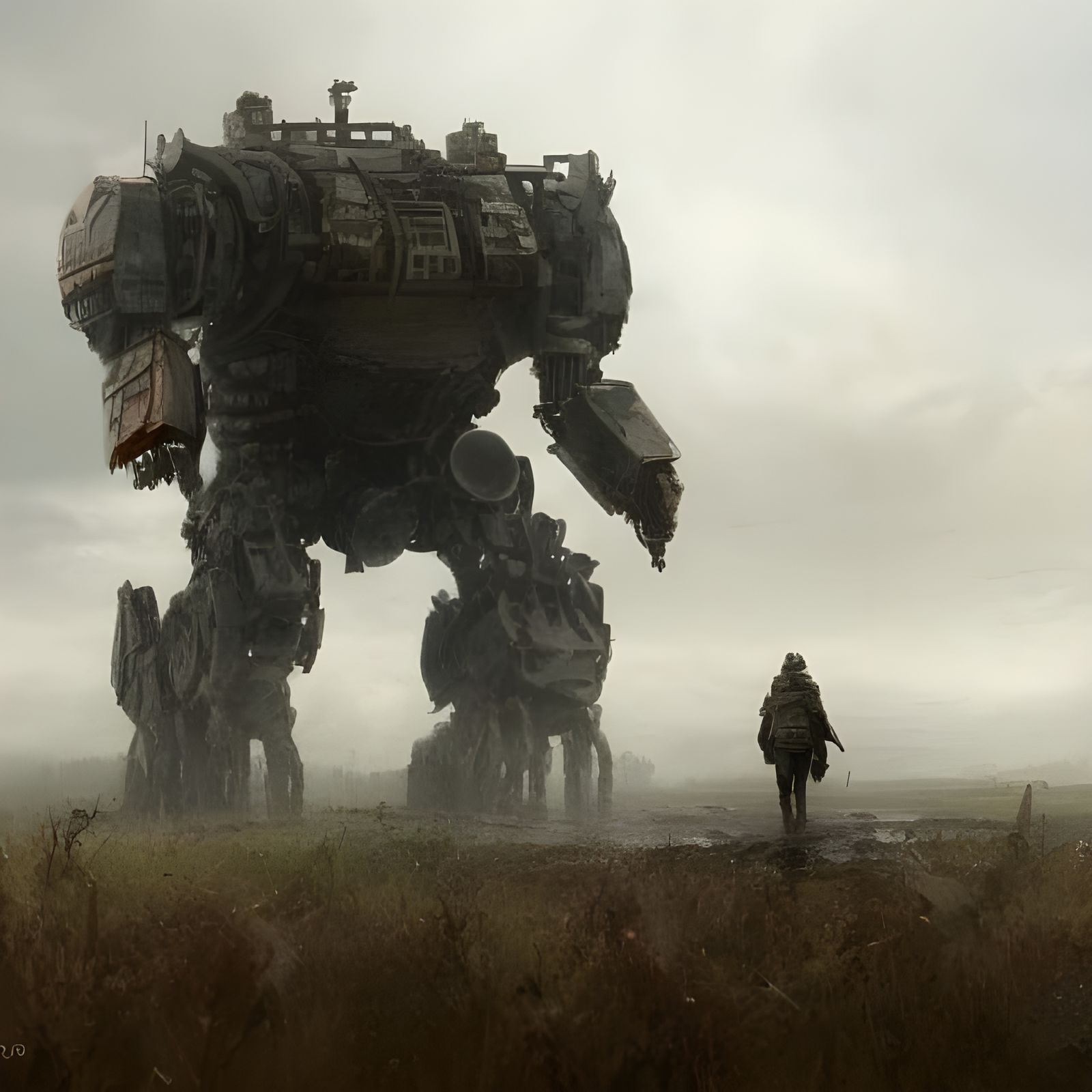 Epic War Mech in Rainy Field, Digital Matte Painting