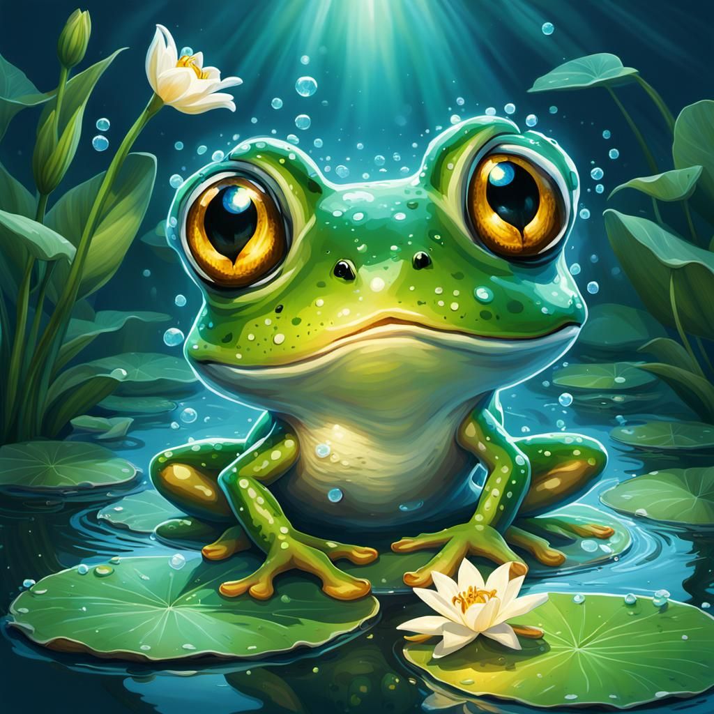 Cute Blue Frog Hopping on Lily Pad in Magical Light