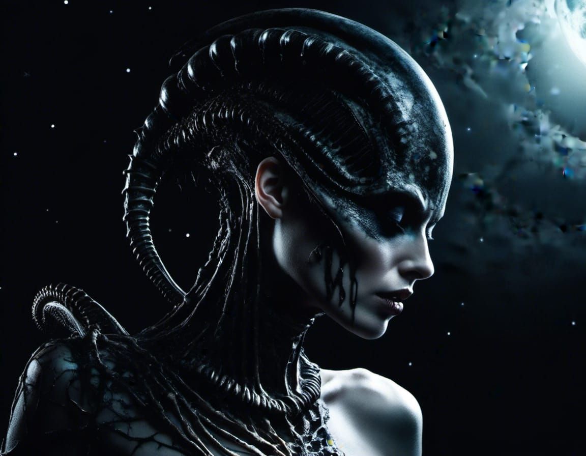 Elegant Alien Female Xenomorph Under Stars
