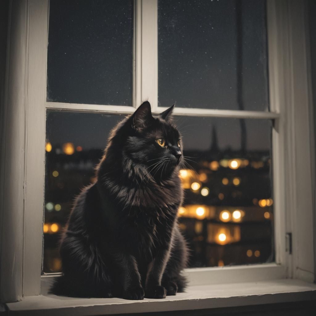 Backlit Black Cat in Window at Night