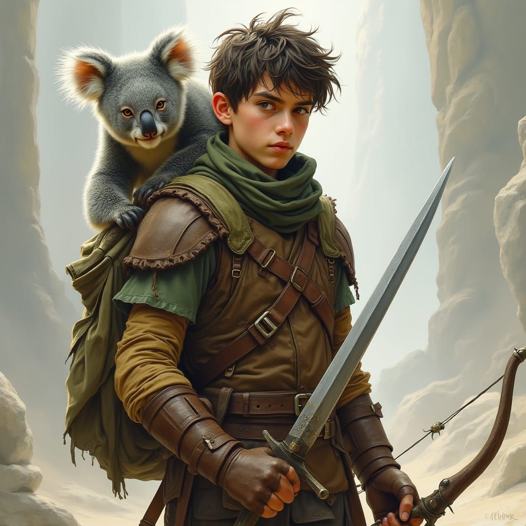 Teenage Fighter with Koala, Fantasy Art