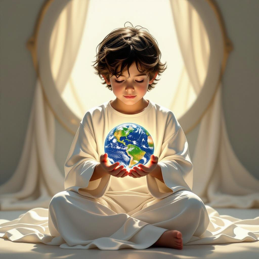 Boy Cradling Earth with Dreamy Ethereal Quality