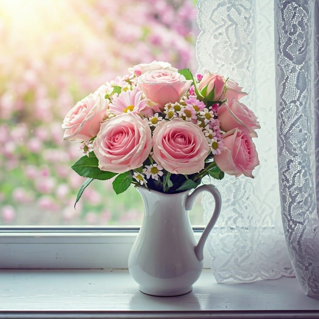 Ethereal Floral Bouquet in Vintage Vase with Dewy Roses and ...