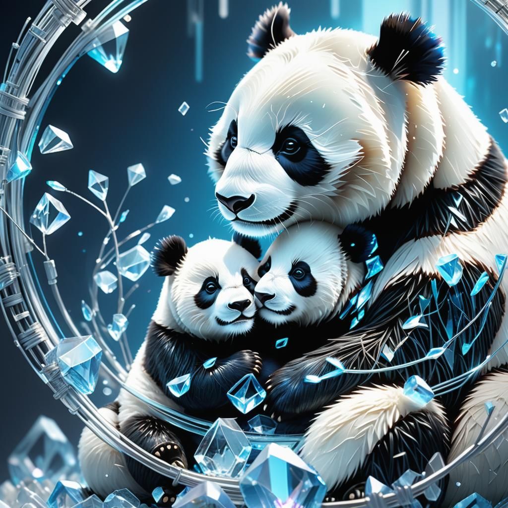 Circuit Panda Bears in Crystal Glass, Hyper-Realistic