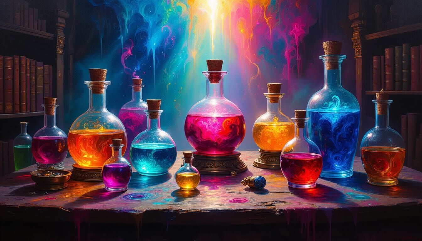 Vibrant Magic Potions on Wizard's Table in Impasto Style