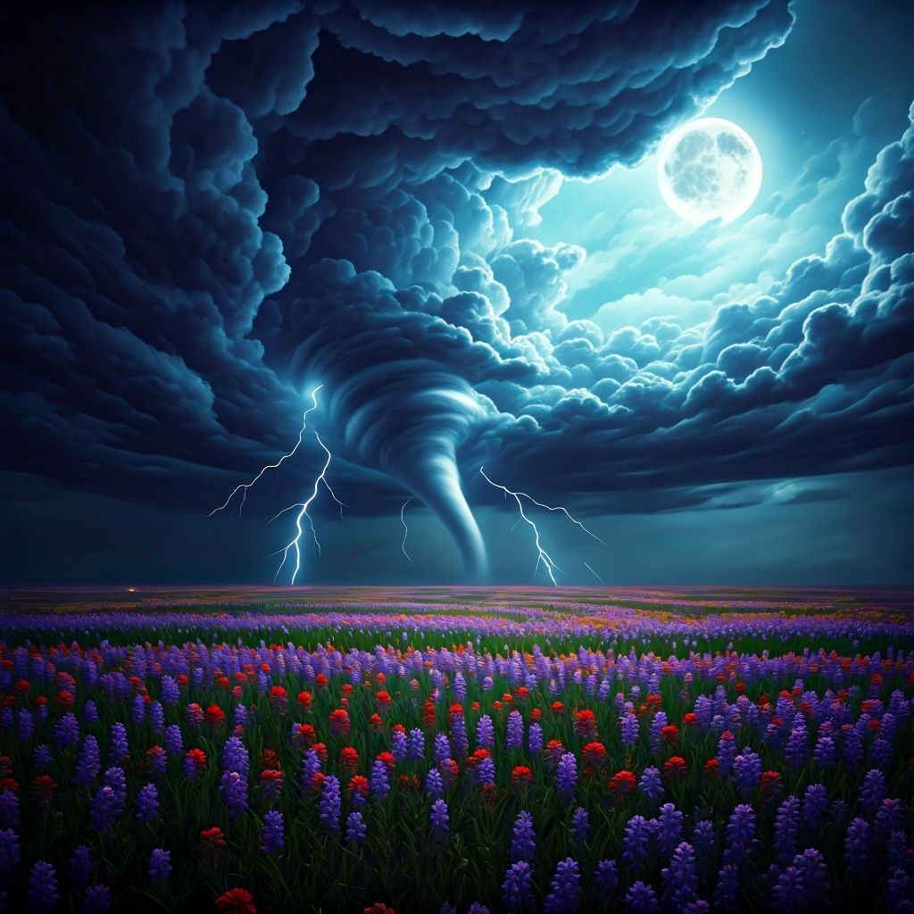 Twister Rips Through Wildflowers Under Starry Night Sky