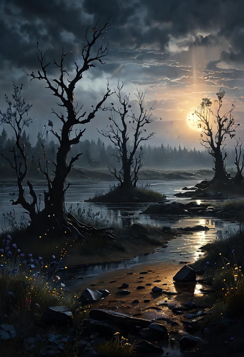 Moody Landscape Painting with Fox and Ocean Storms