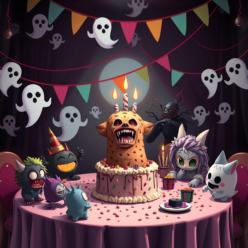 Nightmarish Party with Ghosts, Werewolf, and Chibi Monsters