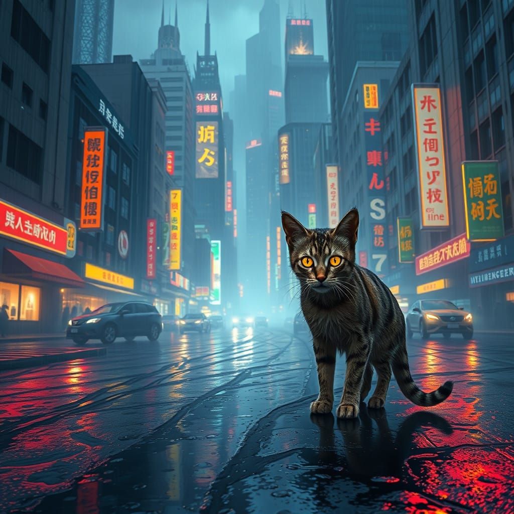 Misty Metropolis with Scrappy Stray Cat