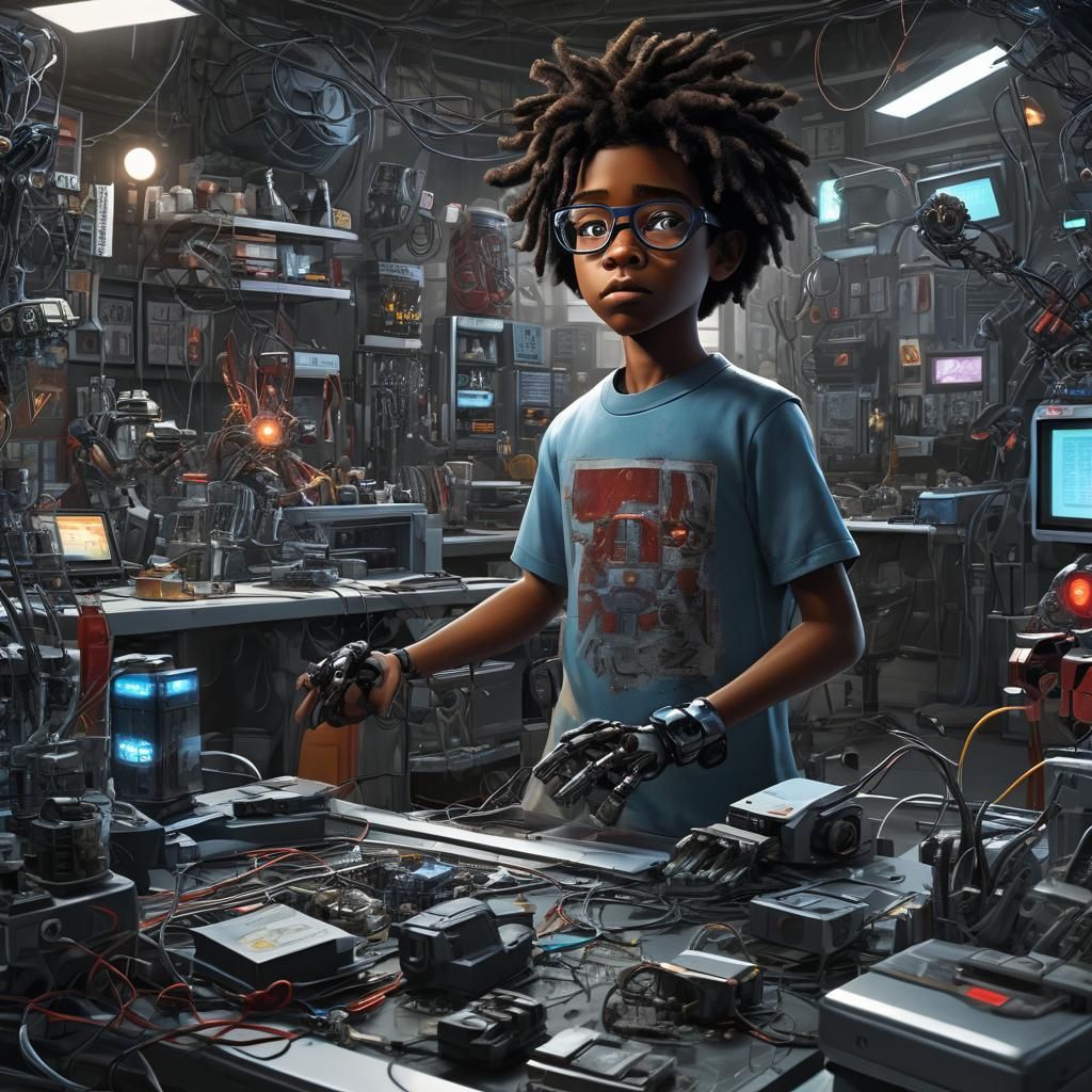 A 10-year-old black young kid named Javis Jr. a child that is a genius and is building a robot AI-generated similar to t...