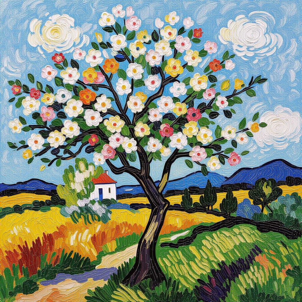 Almond Tree in Bloom: Impasto Oil Painting
