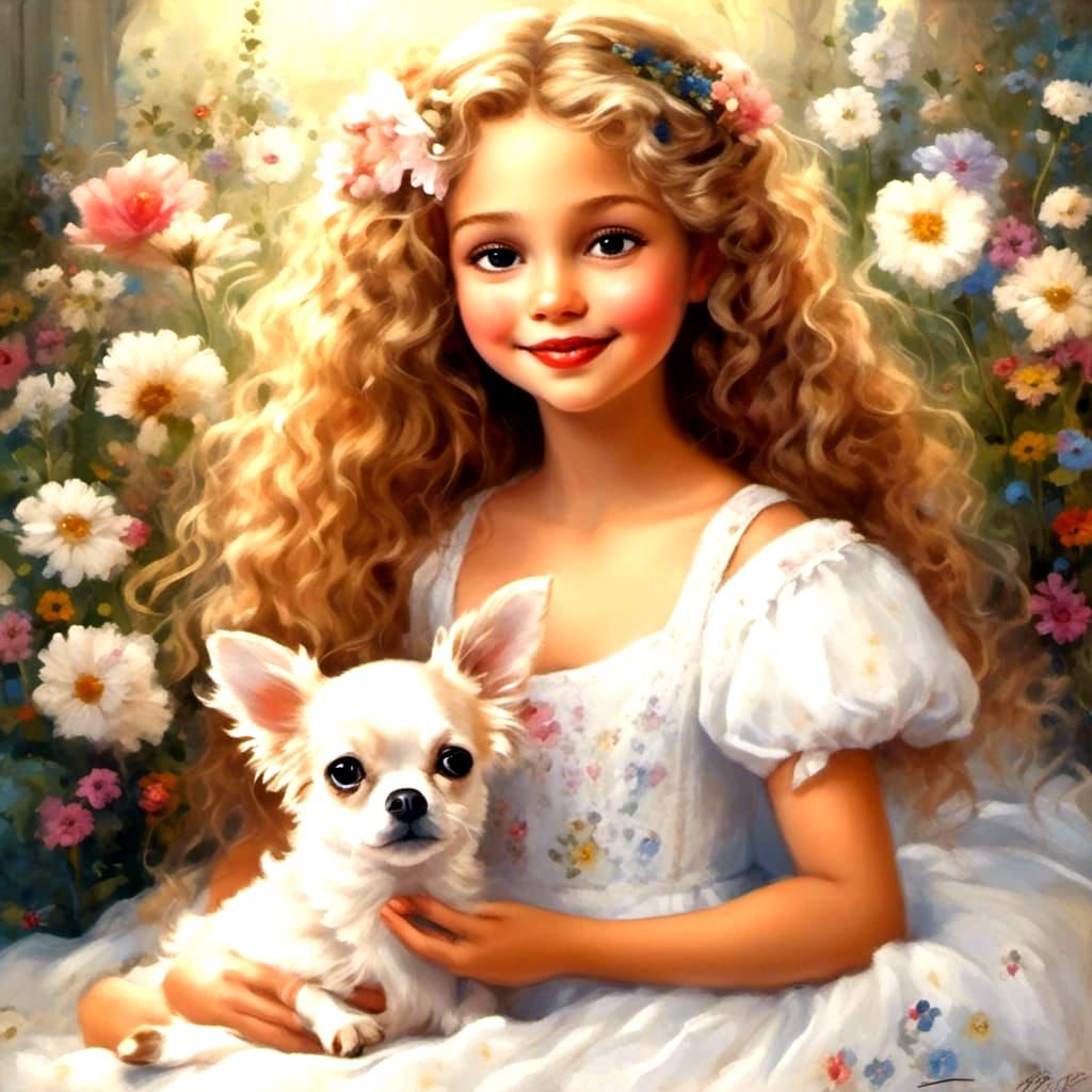 Blond Girl with Chihuahua in Detailed Matte Painting