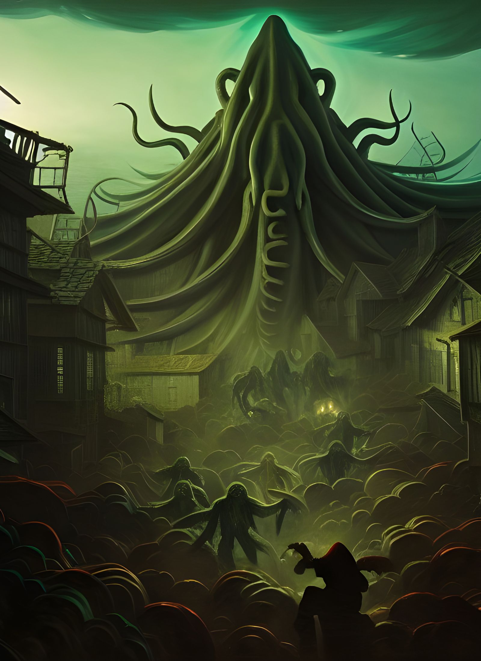 Cthulhu Attacks Feudal Town in Baroque Anime Style
