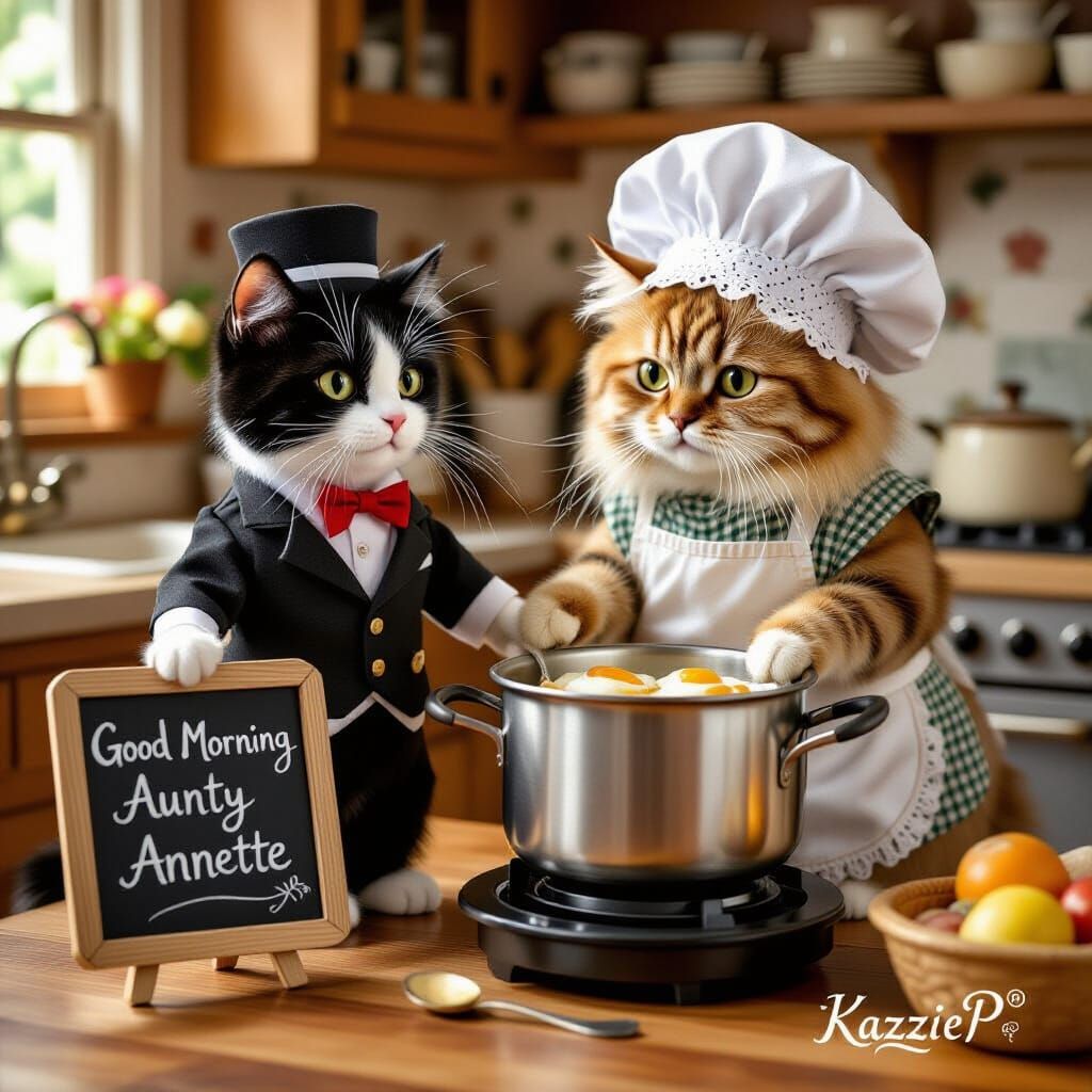 Cats Cooking Breakfast in Beatrix Potter Style