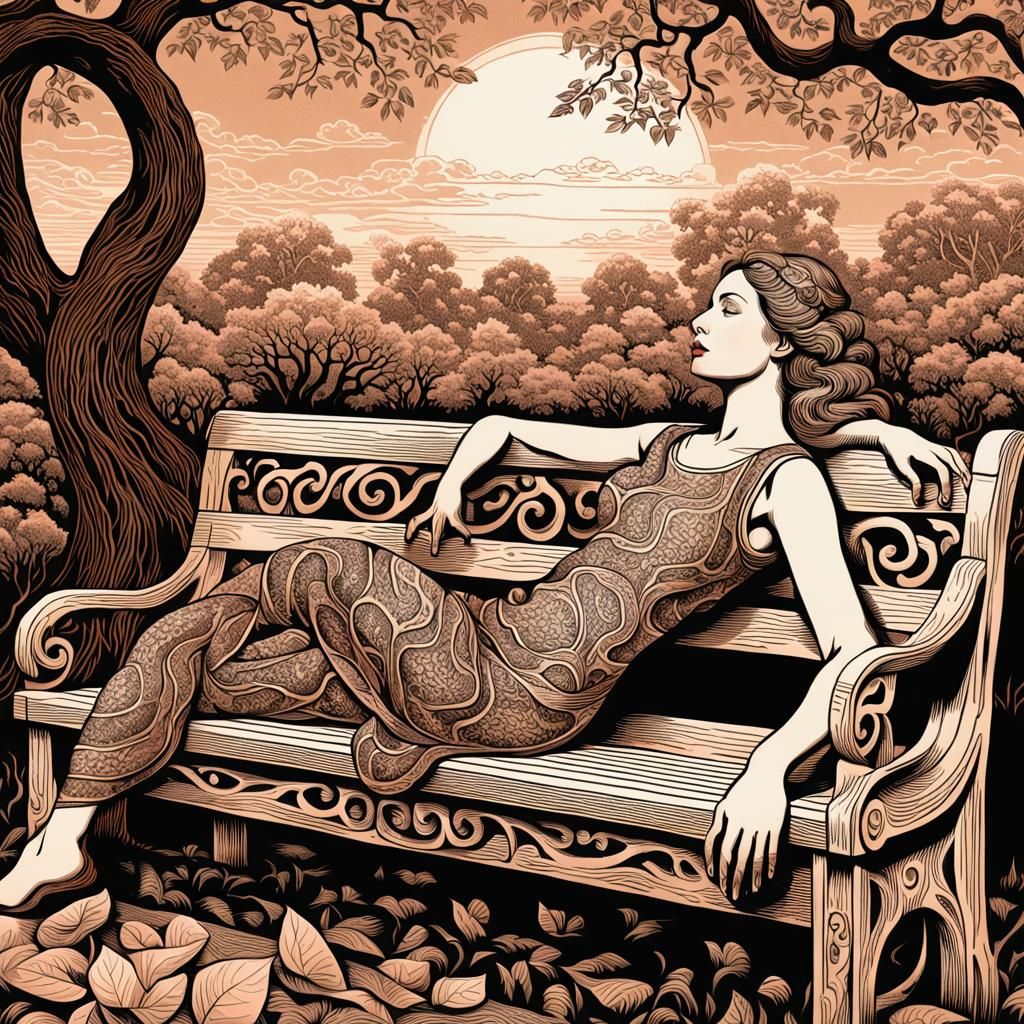 Woman with Snake in Park, Woodcut Style