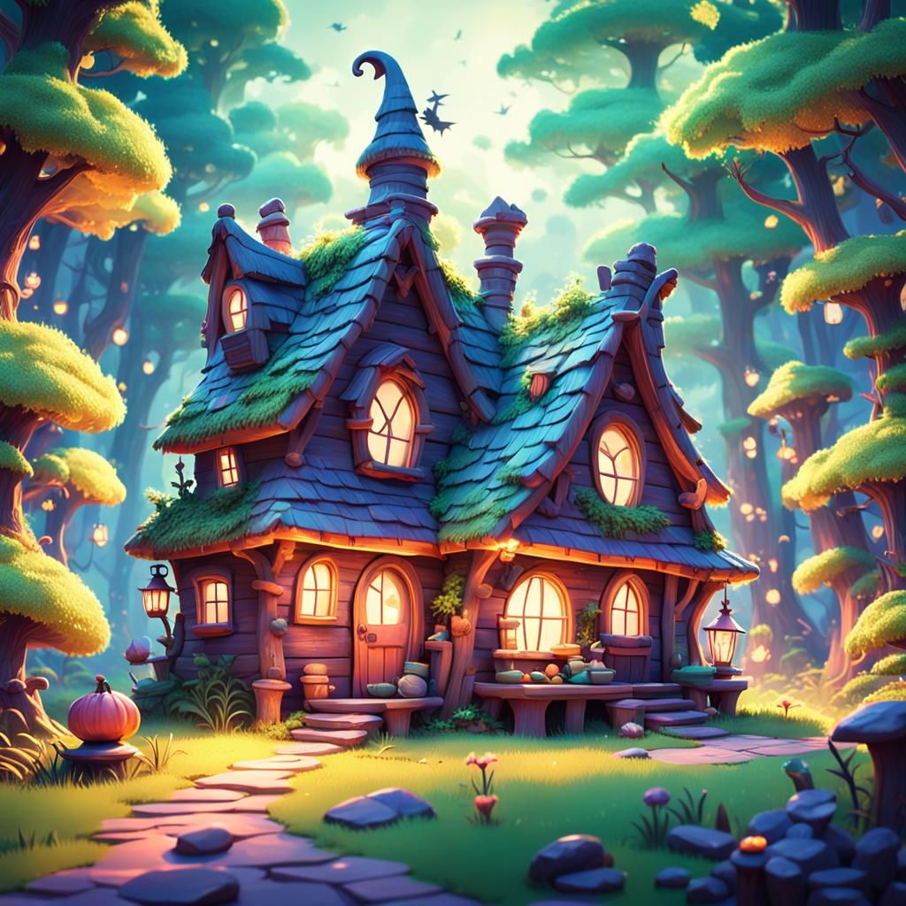 Cute Witch House in Forest: Pixar-style 3D Art