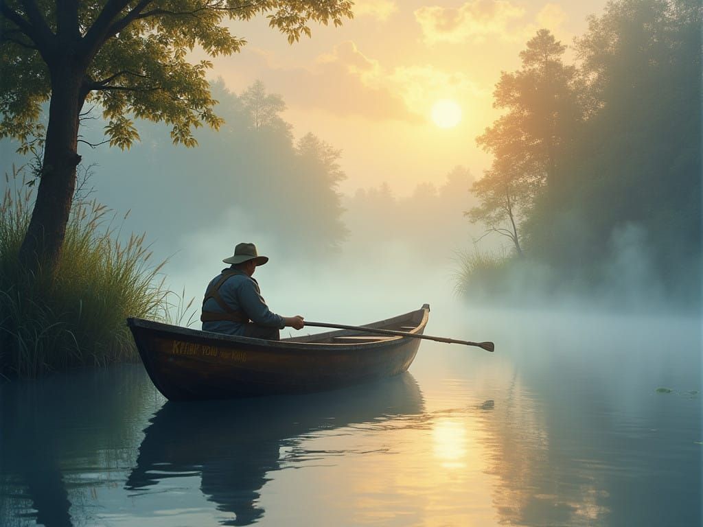 Whimsical Fisherman in Morning Mist