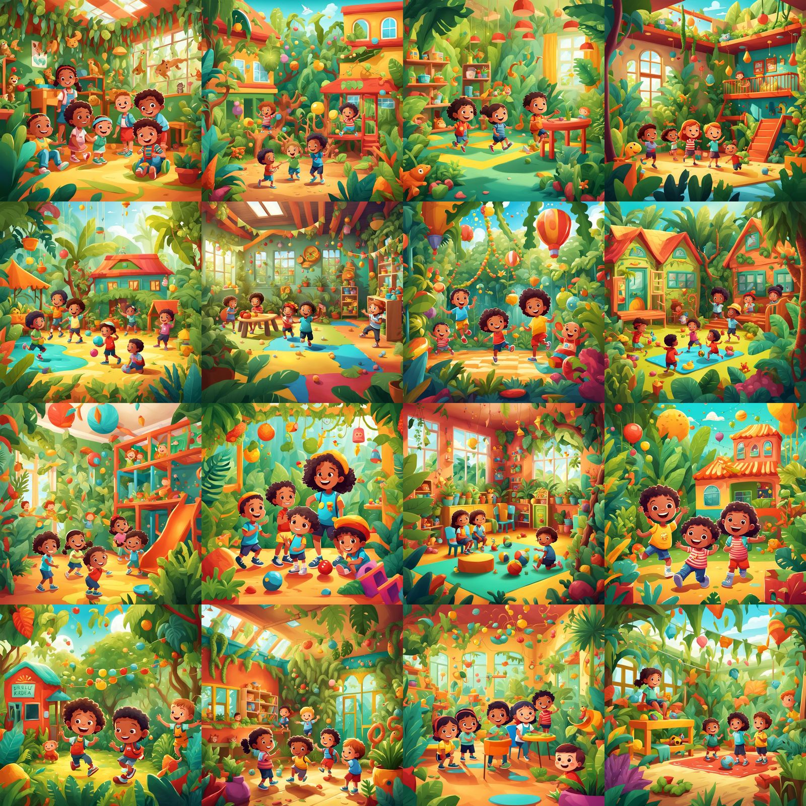 Playful Kindergarten Scene in Cartoon Style