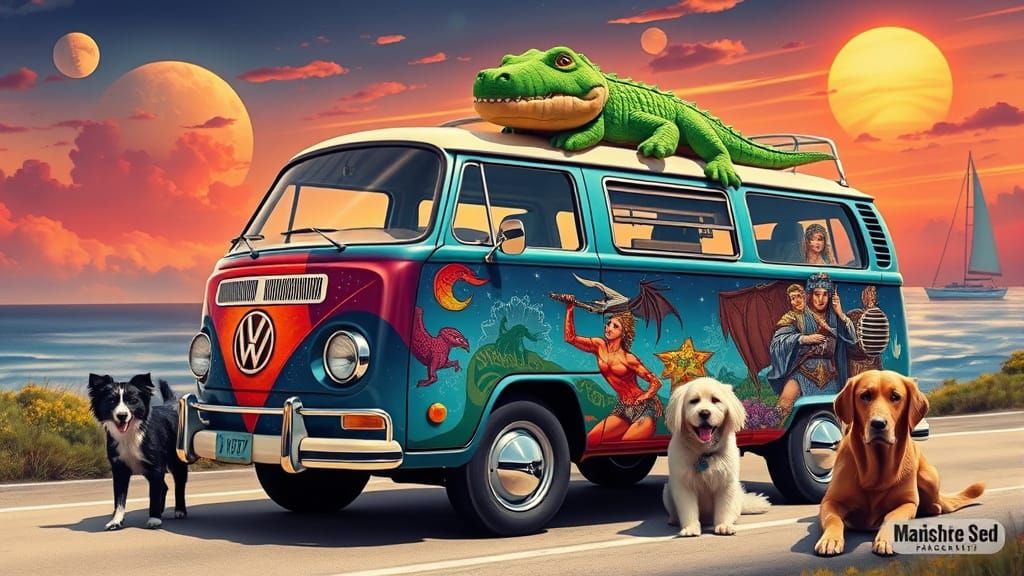 Surreal VW Van with Dragons and Cosmic Skies